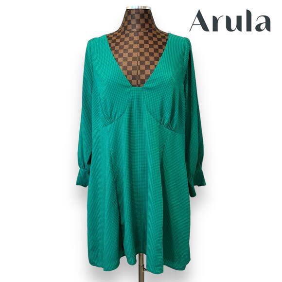 Arula Green Babydoll Dress Long Sleeve Size 1X 14/16 Plus Boho Gingham Fairy - Picture 1 of 11